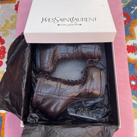 Auc YSL Tribtoo Brown Leather Platform Ankle Booties Boot 7,5 - Picture 12 of 14